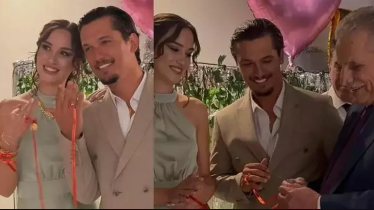 Oyuncu Boğaç Aksoy nişanlısıyla nişan yüzüklerini takarken mutlu bir anını paylaşıyor