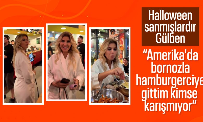 Gülben Ergen Amerikada bornozuyla bir hamburgerciye giderken gülümsüyor